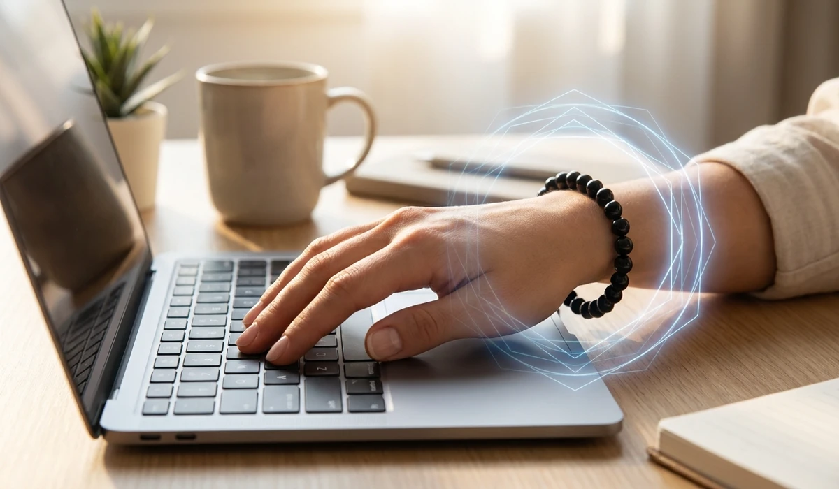 How to Meditate with Black Tourmaline for Grounding and Protection 3 - Buddha Bodhis Black Tourmaline bracelet worn on the wrist for energetic protection and grounding in a high-tech environment.