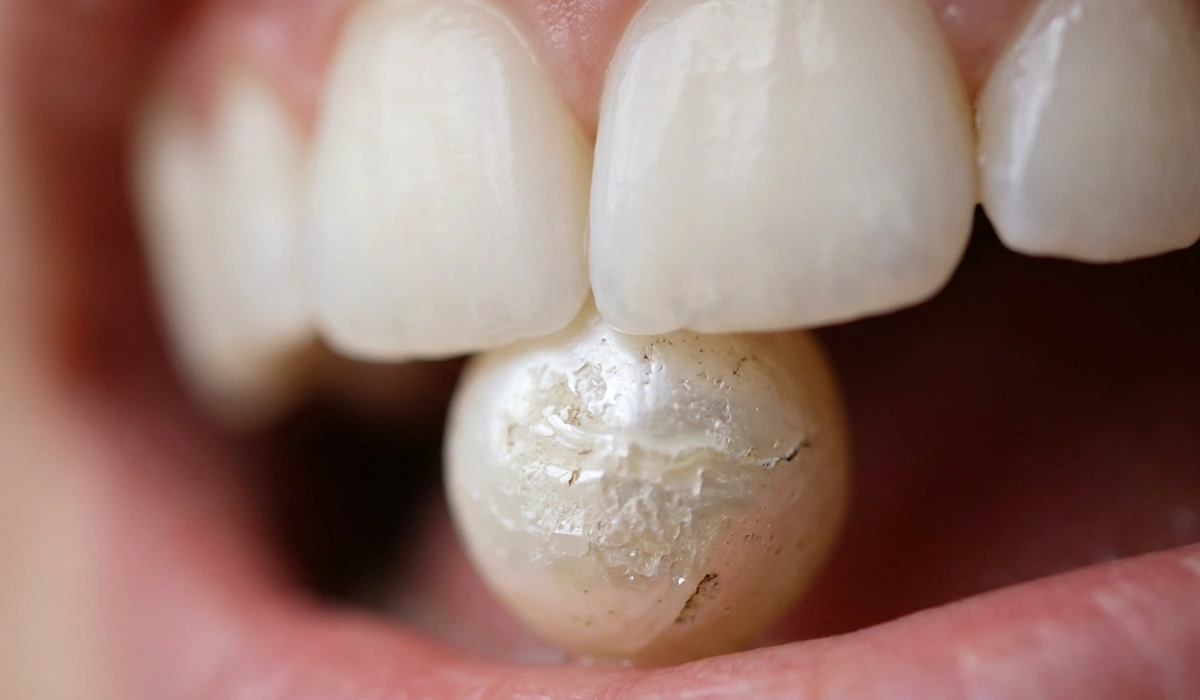 How to Tell if Pearls Are Real: A Practical Guide to Identification and the Tooth Test - Buddha Bodhis A close-up demonstration of the pearl tooth test showing the interaction between tooth enamel and the gritty nacre surface of a real pearl.