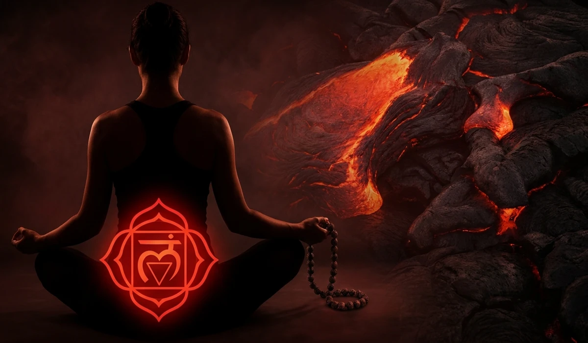 Lava Stone Mala Beads: Spiritual Meaning, Benefits, and Meditation Guide 1 - Buddha Bodhis Spiritual illustration of a meditator using lava stone beads to balance the root chakra and symbolize inner transformation.