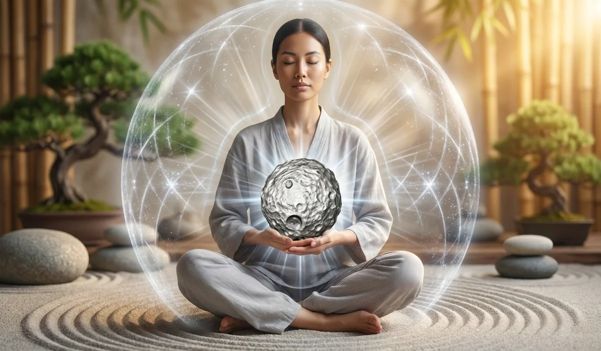 Silver Sheen Obsidian Meaning: Healing Properties and Spiritual Benefits for Meditation 1 - Buddha Bodhis A practitioner using Silver Sheen Obsidian during meditation to create an energetic shield for spiritual protection.