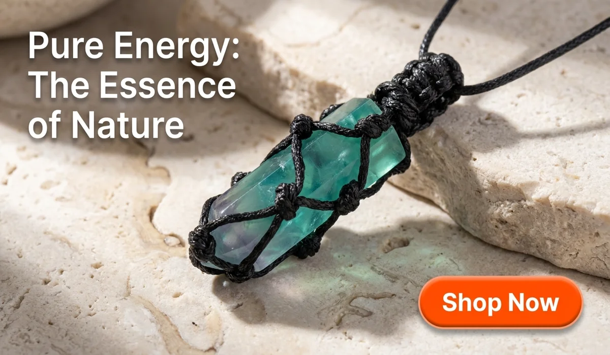 Fluorite Mala Beads: Spiritual Meaning and Benefits for Meditation 3 - Buddha Bodhis Handcrafted Natural Fluorite Crystal Point Wrapped Pendant in a premium lifestyle setting with Shop Now button