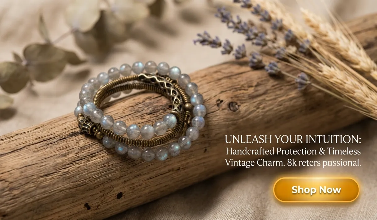The Spiritual Meaning and Benefits of Labradorite Mala Beads for Meditation 3 - Buddha Bodhis Mystic Labradorite and Vintage Brass Spiral Bracelet for Intuition and Protection, handcrafted bohemian jewelry for SEO blog content