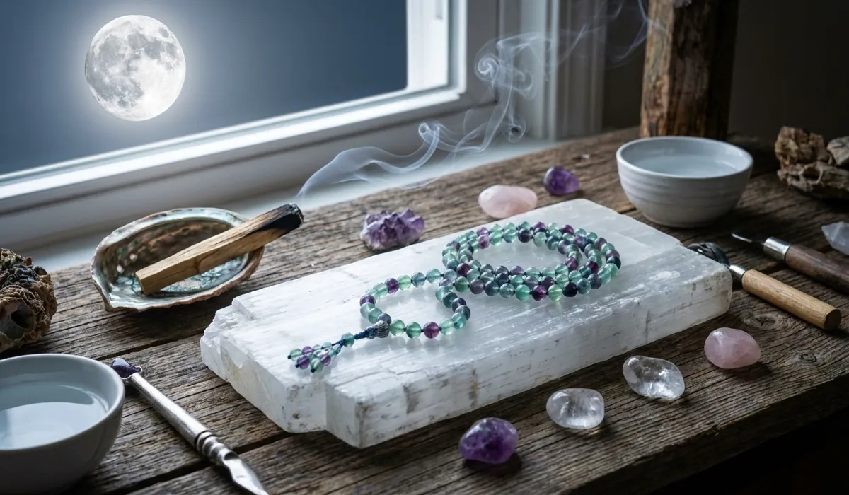Fluorite Mala Beads: Spiritual Meaning and Benefits for Meditation 4 - Buddha Bodhis Fluorite mala beads being cleansed with smoke and charged on a Selenite plate under moonlight.