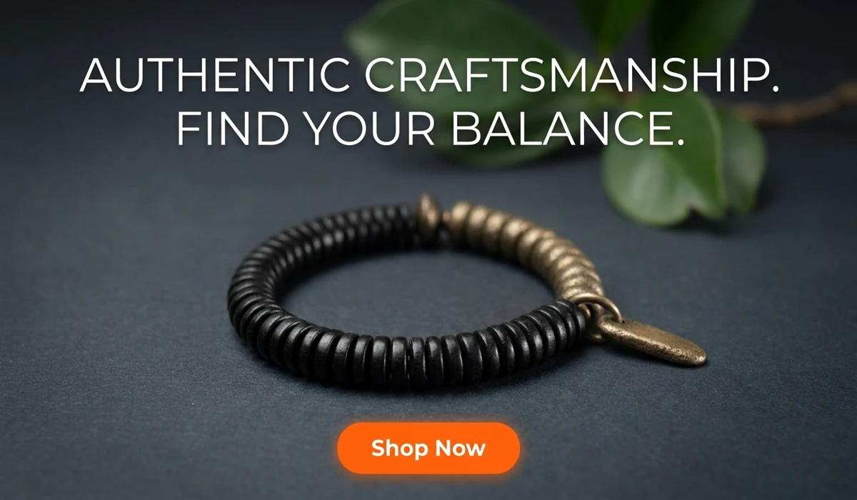 A Mindful Guide to Wearing Spiritual Jewelry with Intention 3 - Buddha Bodhis Ebony and Brass Heishi Bracelet styled as Yin Yang Balance Jewelry on a minimalist slate background with a Shop Now button for a high-end fashion blog.