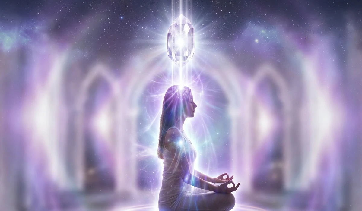 How to Use Clear Quartz for Meditation and Spiritual Growth 1 - Buddha Bodhis Spiritual illustration of clear quartz aligning with the crown chakra to facilitate higher consciousness during meditation.