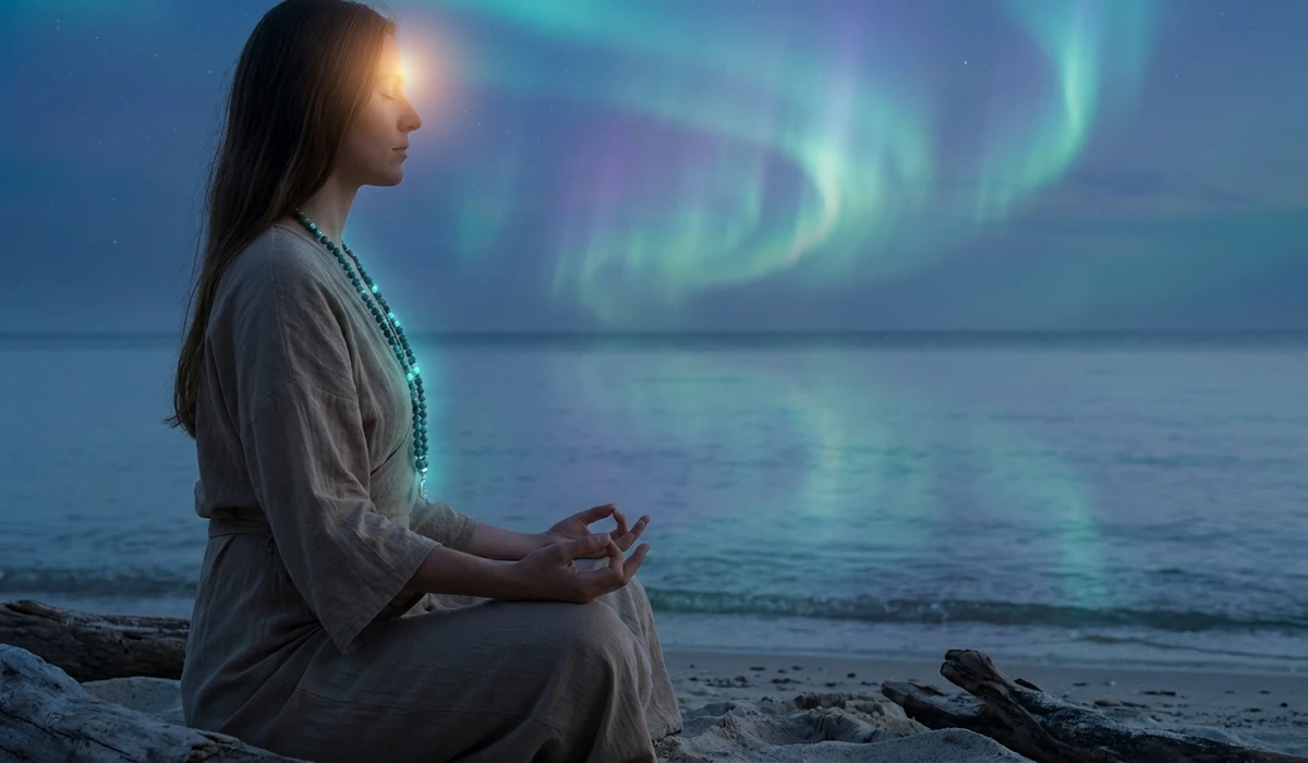 The Spiritual Meaning and Benefits of Labradorite Mala Beads for Meditation 1 - Buddha Bodhis Spiritual meditation scene featuring Labradorite mala beads symbolizing Third Eye chakra activation and inner light.