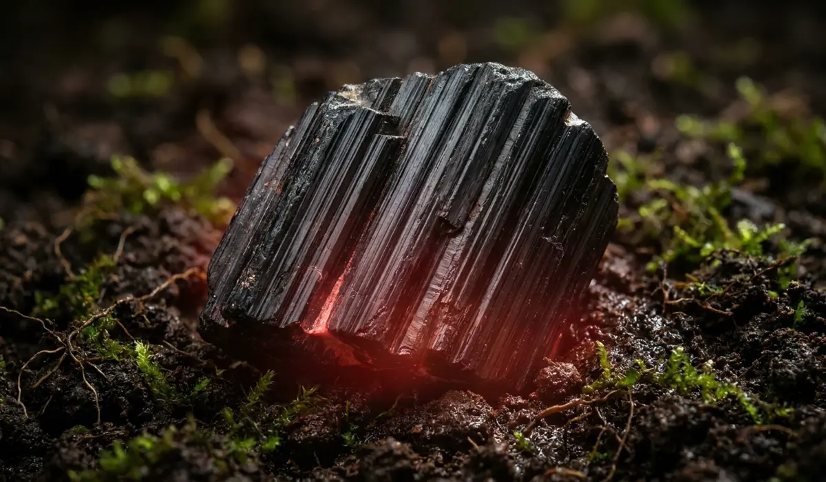 How to Meditate with Black Tourmaline for Grounding and Protection - Buddha Bodhis Raw Black Tourmaline crystal on earth with a red glow representing Root Chakra grounding and spiritual meaning.