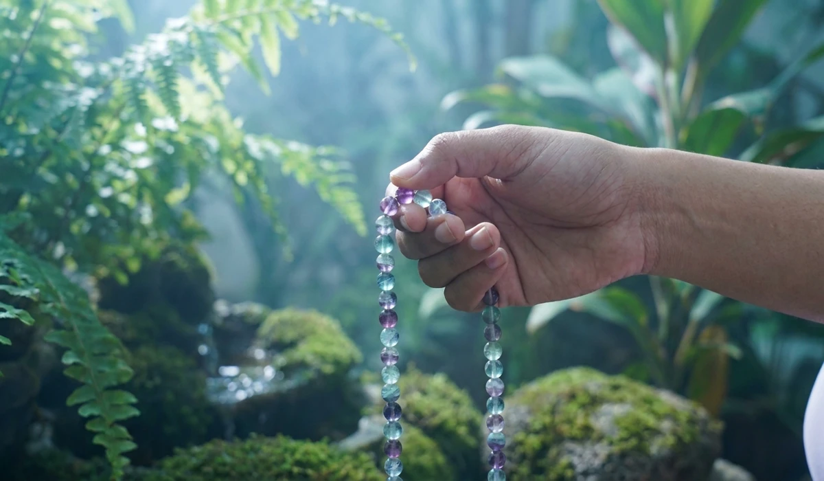 Fluorite Mala Beads: Spiritual Meaning and Benefits for Meditation 2 - Buddha Bodhis Close-up of hands using Fluorite beads for japa meditation to improve concentration and mental focus.