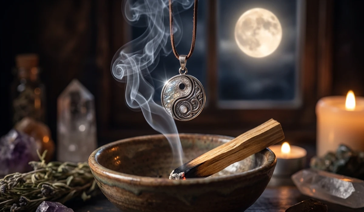 A Mindful Guide to Wearing Spiritual Jewelry with Intention 4 - Buddha Bodhis Spiritual jewelry being cleansed with sacred smoke from Palo Santo under the light of a full moon to refresh its energy.