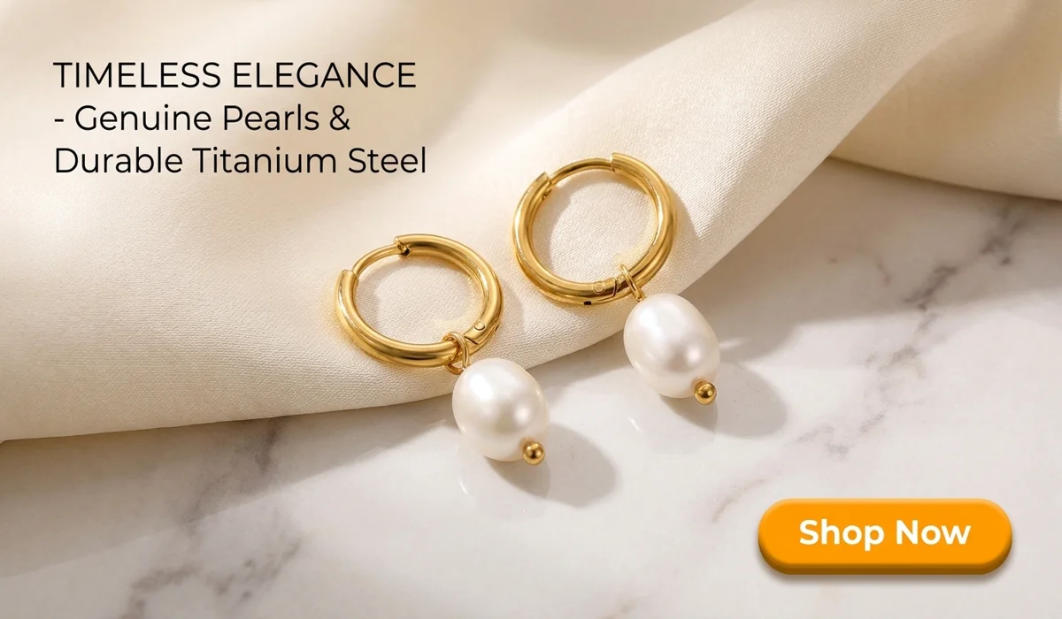 How to Tell if Pearls Are Real: A Practical Guide to Identification and the Tooth Test 3 - Buddha Bodhis Natural Freshwater Pearl Hoop Earrings in Titanium Steel on silk background with Shop Now button - Elegant Jewelry Blog Illustration