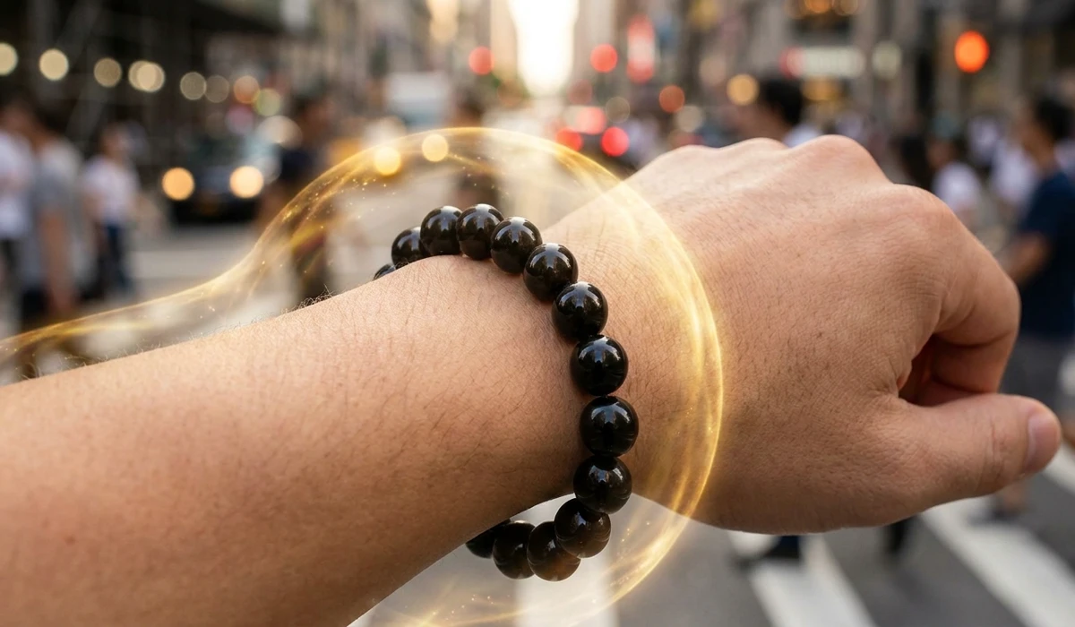 Spiritual Shielding: How to Use Black Obsidian for Energy Protection 2 - Buddha Bodhis A person wearing a Black Obsidian bracelet on their left hand to activate a protective energy shield against negativity.