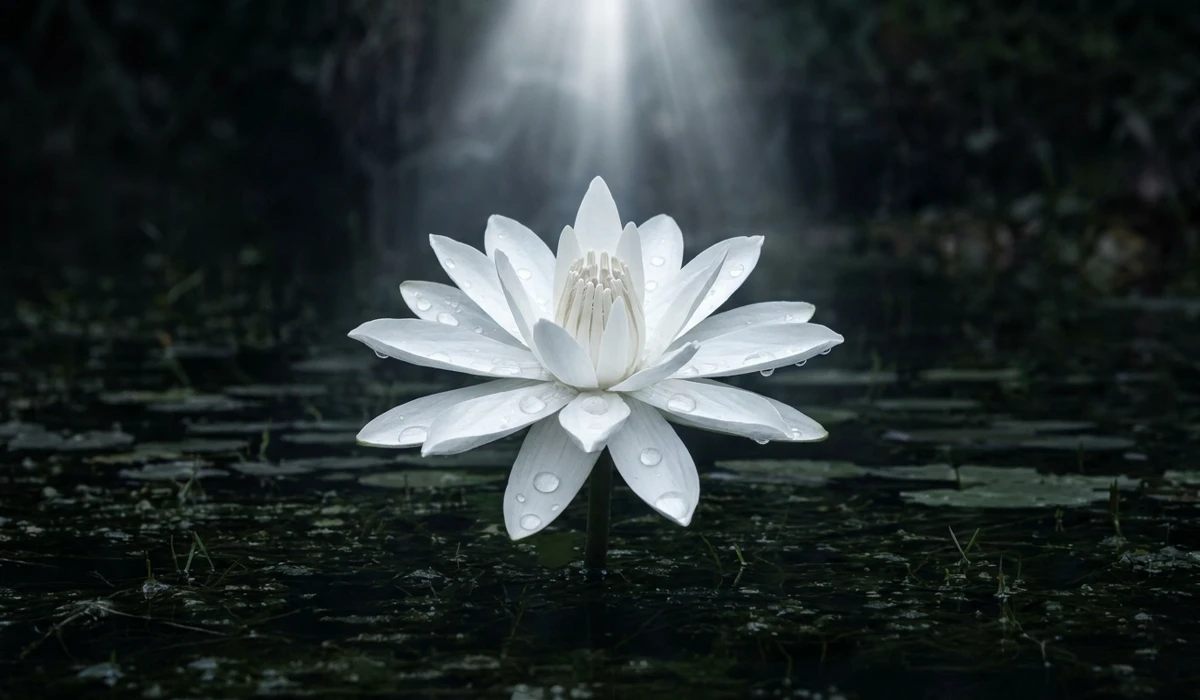 Understanding the White Lotus Flower: Symbolism and the Path to Purity 1 - Buddha Bodhis A white lotus flower blooming in dark mud, demonstrating the 'Lotus Effect' and the biological metaphor for spiritual stainlessness.