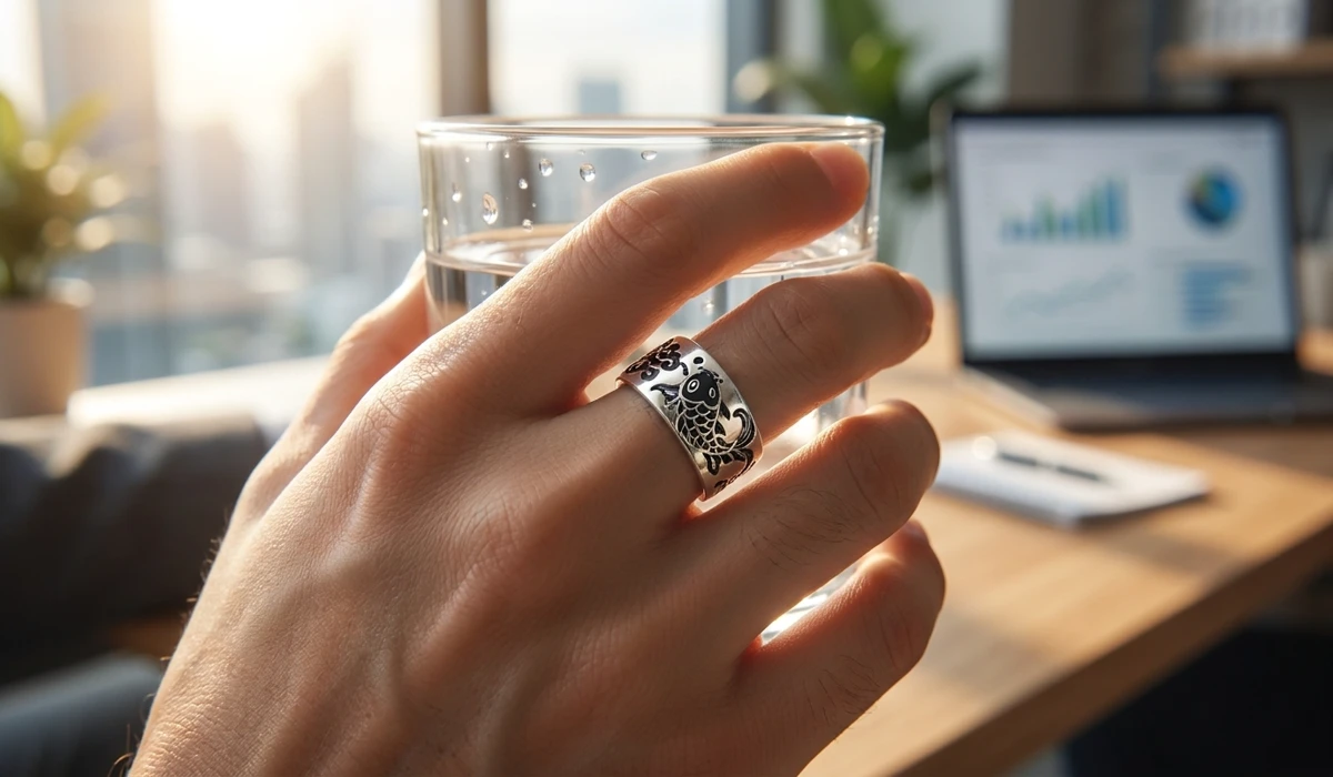 The Meaning of 9 Koi Fish in Feng Shui: Symbolism and Placement for Prosperity 4 - Buddha Bodhis Close-up of a detailed Koi fish jewelry piece worn as a modern talisman for mindfulness and resilience in a professional environment.