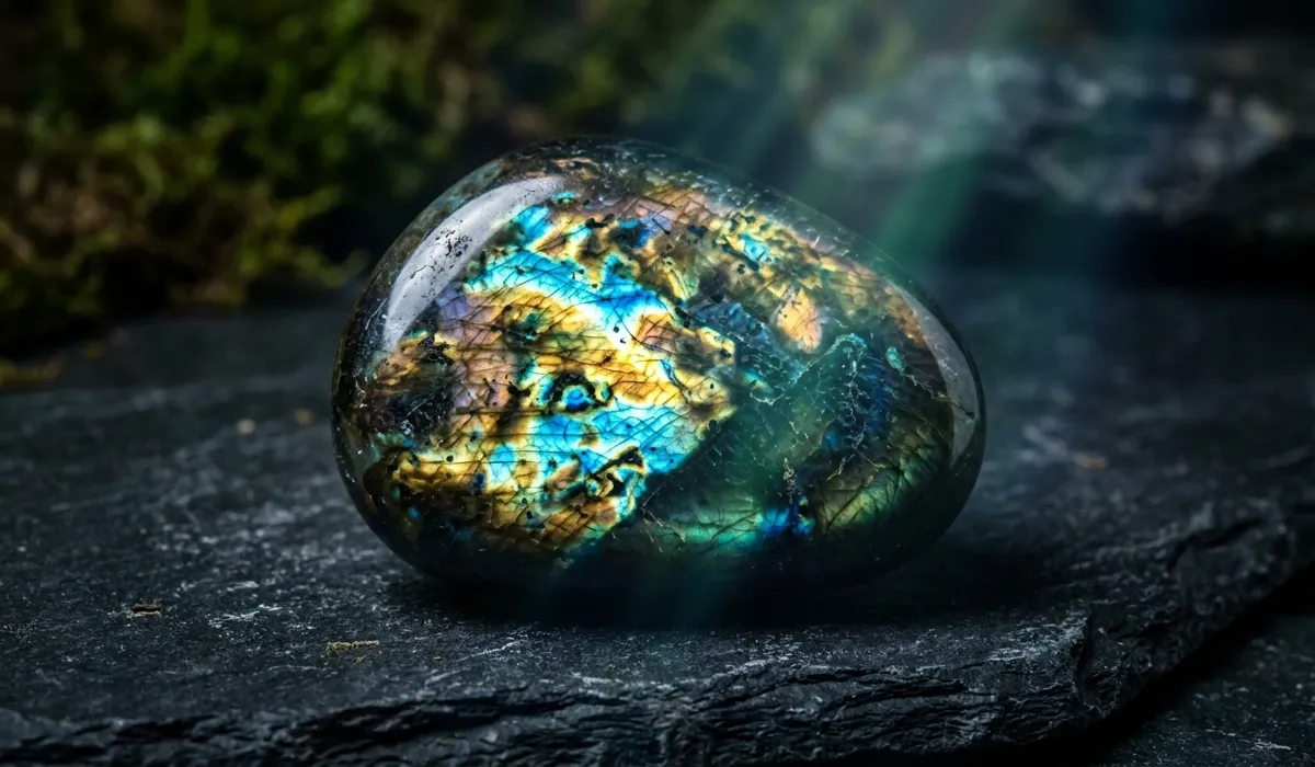 How to Use Labradorite for Aura Cleansing and Spiritual Meditation - Buddha Bodhis A high-quality Labradorite palm stone showing vibrant iridescent blue and gold flashes, representing the stone of transformation.