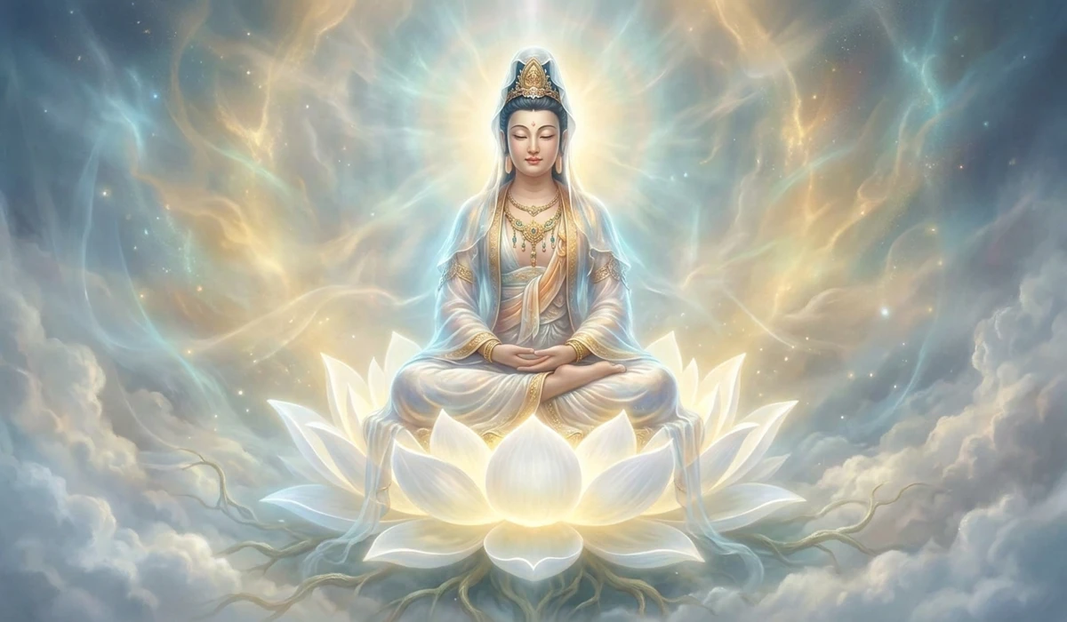 Understanding the White Lotus Flower: Symbolism and the Path to Purity 2 - Buddha Bodhis The Goddess Guan Yin seated on a white lotus throne, representing compassion and the divine feminine energy in Eastern philosophy.