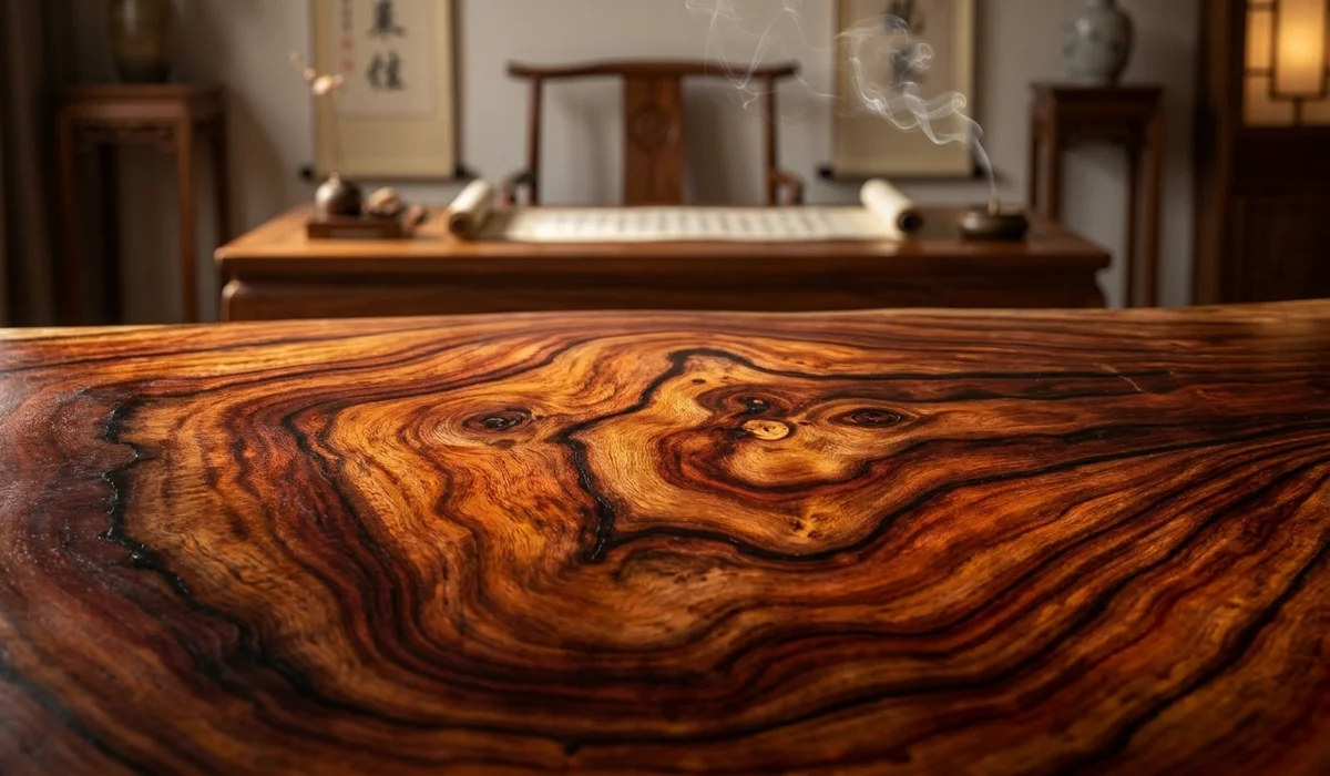 Huanghuali Wood and the Path to Stillness: Its Role in Taoist Meditation and Inner Alchemy - Buddha Bodhis Close-up of Huanghuali wood grain showing 'ghost face' patterns used for Taoist visual meditation.