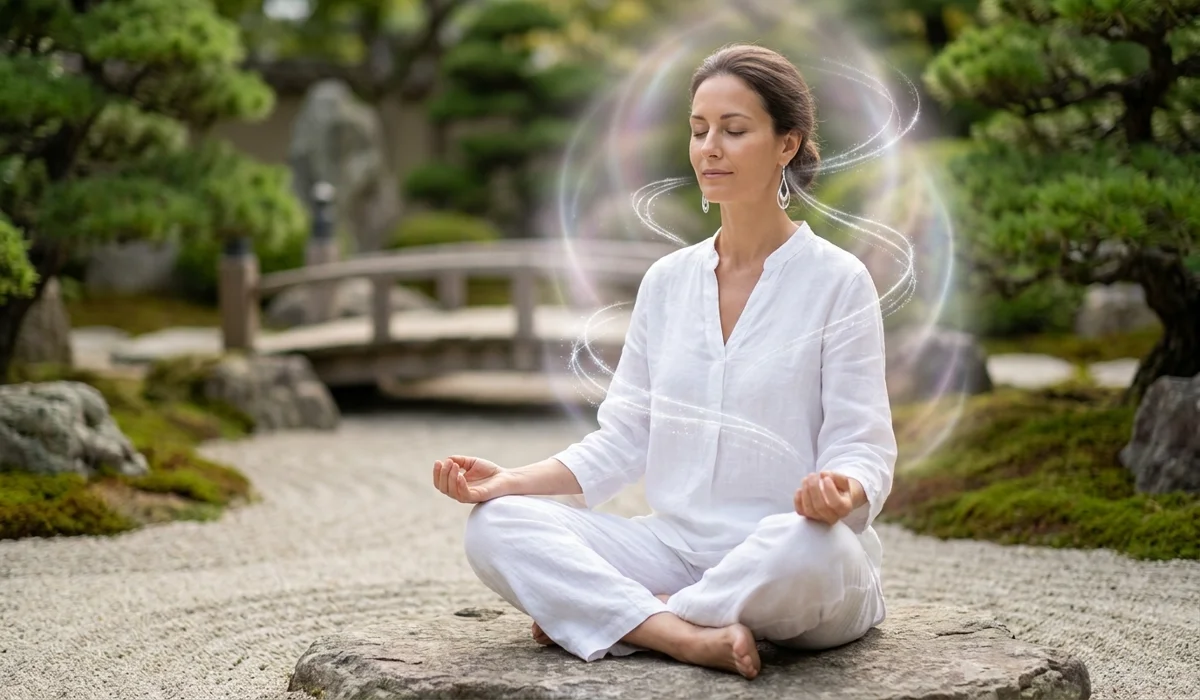The Gentle Connection: Why Sterling Silver is the Ideal Choice for Sensitive Skin and Spiritual Practice 2 - Buddha Bodhis A woman meditating while wearing 925 silver earrings, showing the conduction of spiritual energy and aura protection.