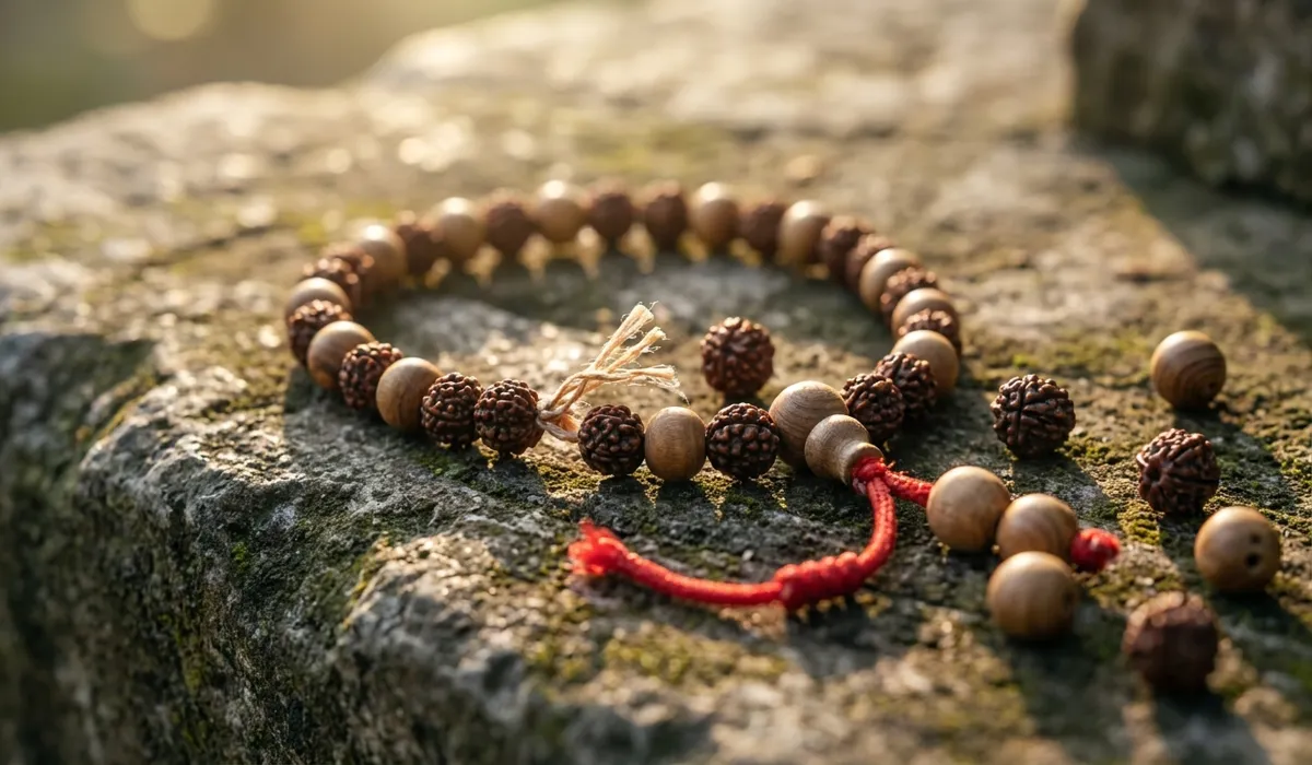 The Spiritual Significance of a Broken Mala: Understanding the Message Behind Your Wood Beads - Buddha Bodhis A broken wood mala bracelet with scattered beads on stone, symbolizing the spiritual meaning of karmic release and completion.