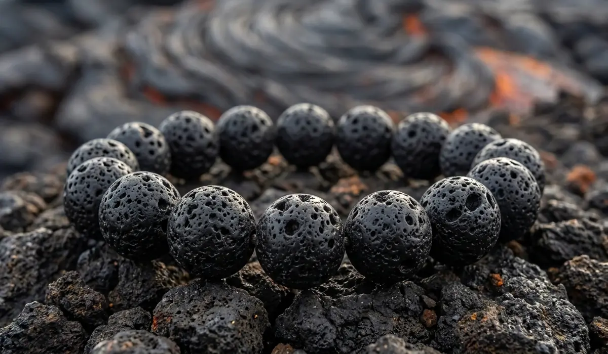 How to Use and Care for Your Essential Oil Lava Stone Bracelet - Buddha Bodhis Close-up of porous lava rock beads on a bracelet showing the natural texture of volcanic basalt stone.