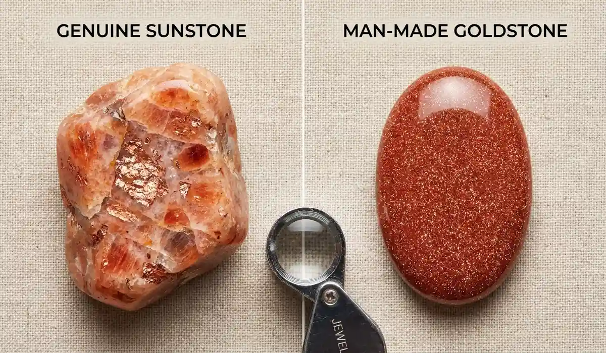 How to Identify Real Sunstone: Telling the Difference Between Natural Crystals and Goldstone 3 - Buddha Bodhis Visual comparison between natural sunstone with irregular inclusions and man-made goldstone with uniform glitter.