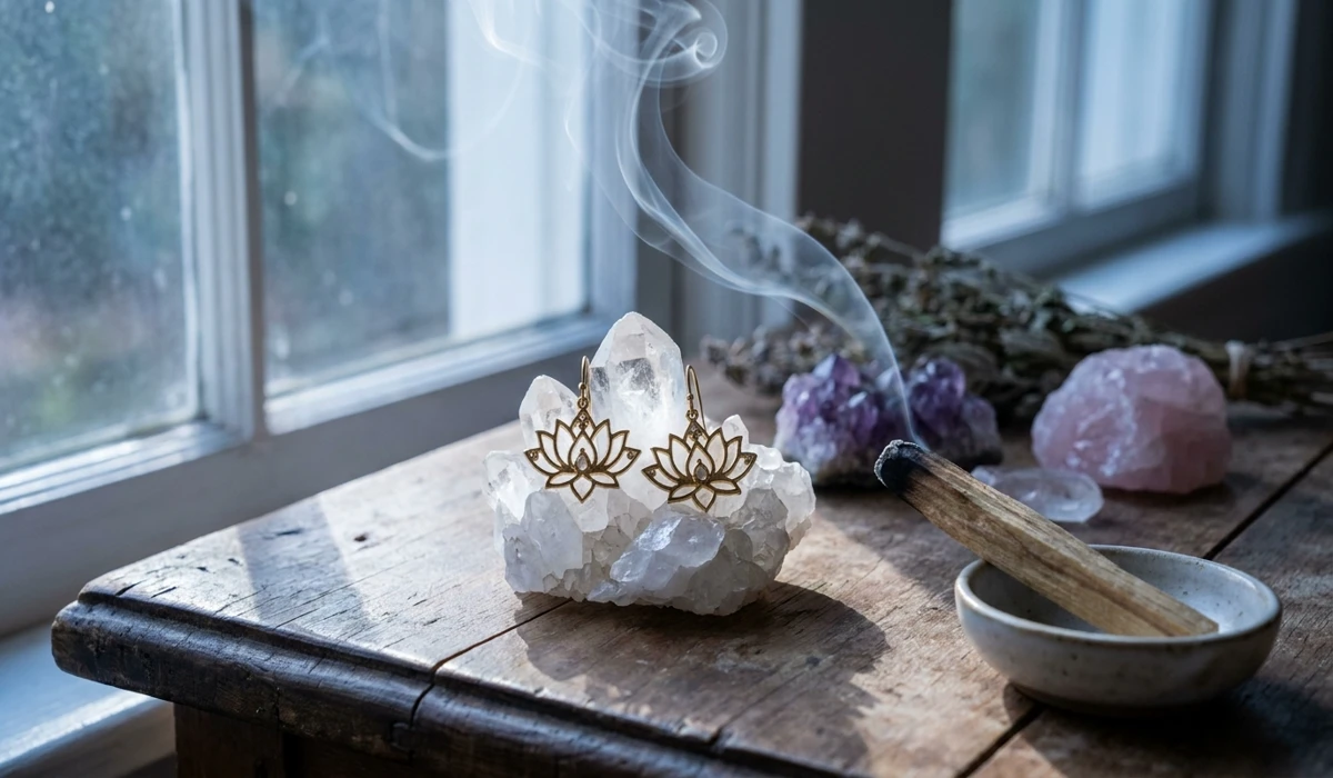 The Spiritual Meaning of Lotus Flower Earrings: A Symbol of Purity and Awakening 8 - Buddha Bodhis Lotus flower earrings being cleansed and charged on a clear quartz crystal with smudging smoke.