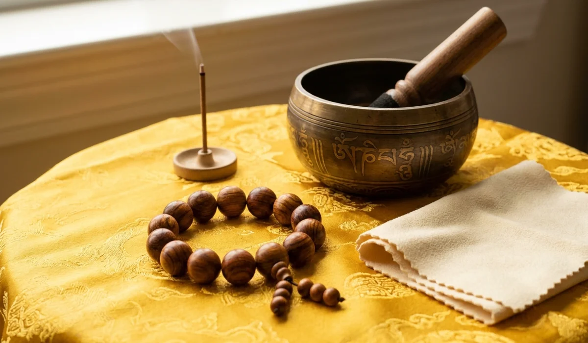 The Role of Huanghuali in Enhancing Focus and Mindfulness during Meditation 4 - Buddha Bodhis Huanghuali meditation beads being cleansed and charged with a singing bowl and silk cloth.