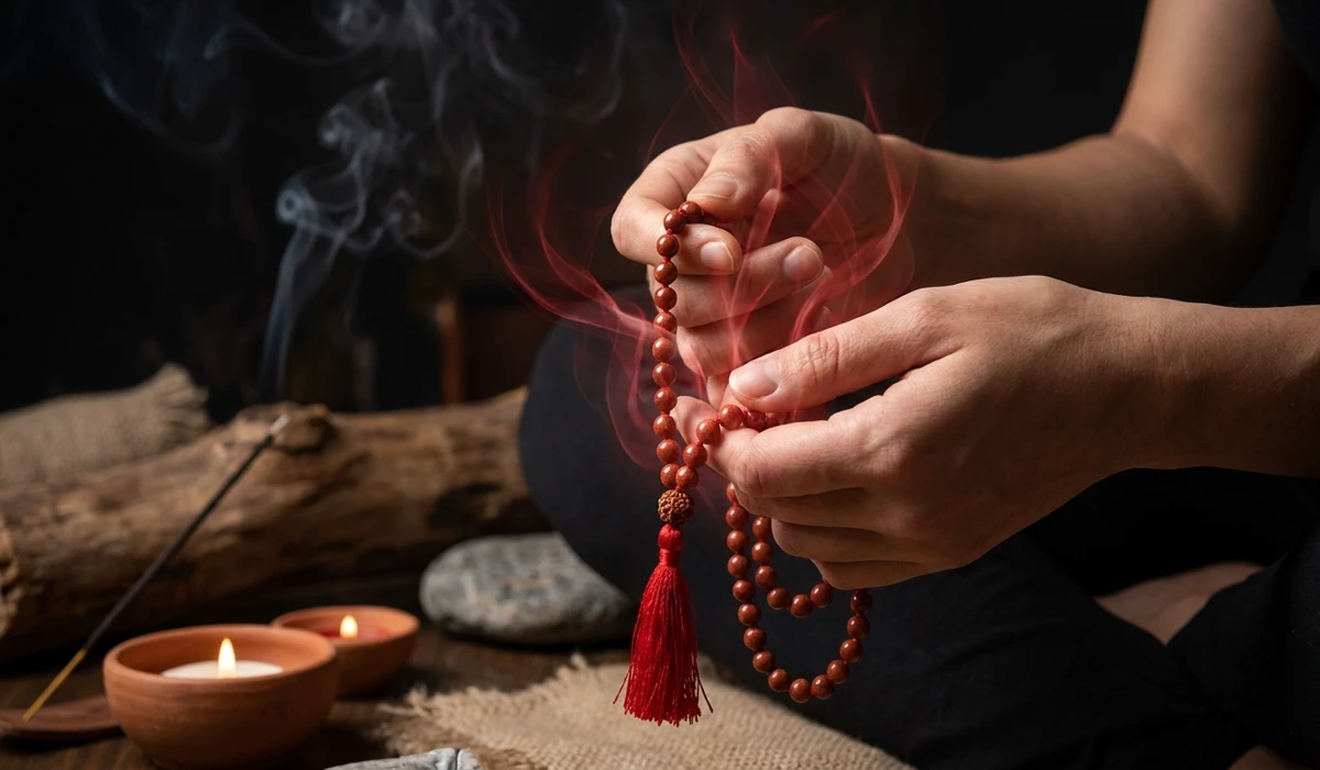 Red Jasper Mala Beads: Spiritual Meaning, Benefits, and Use in Meditation 2 - Buddha Bodhis Meditation practitioner using Red Jasper prayer beads to stabilize Kundalini energy and enhance physical stamina.