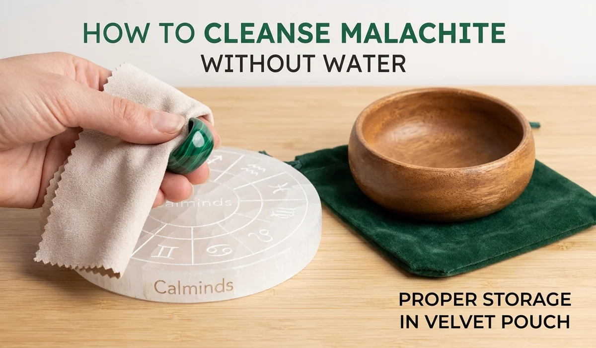 Is Malachite Jewelry Safe to Wear? A Complete Guide to Handling and Safety 4 - Buddha Bodhis Cleaning a malachite ring with a microfiber cloth and a selenite charging plate for safe maintenance.