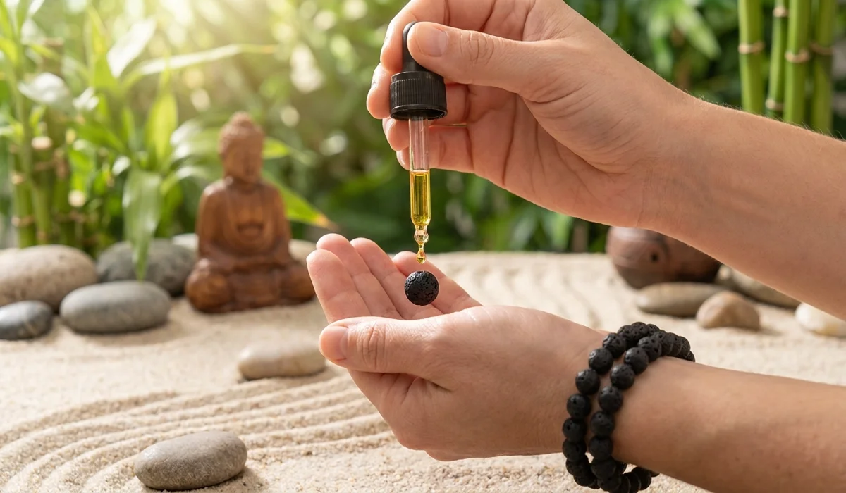 Lava Stone Mala Beads: Spiritual Meaning, Benefits, and Meditation Guide 2 - Buddha Bodhis A person applying essential oil to porous lava stone mala beads for aromatherapy meditation.