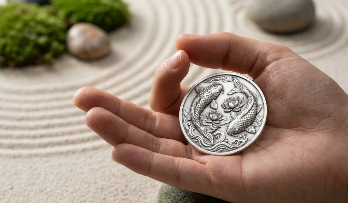The Spiritual Meaning of Two Koi Fish: Symbolism of Harmony, Love, and Yin Yang 5 - Buddha Bodhis Close-up of a spiritual koi fish necklace medallion used as a mindfulness anchor and protective talisman.