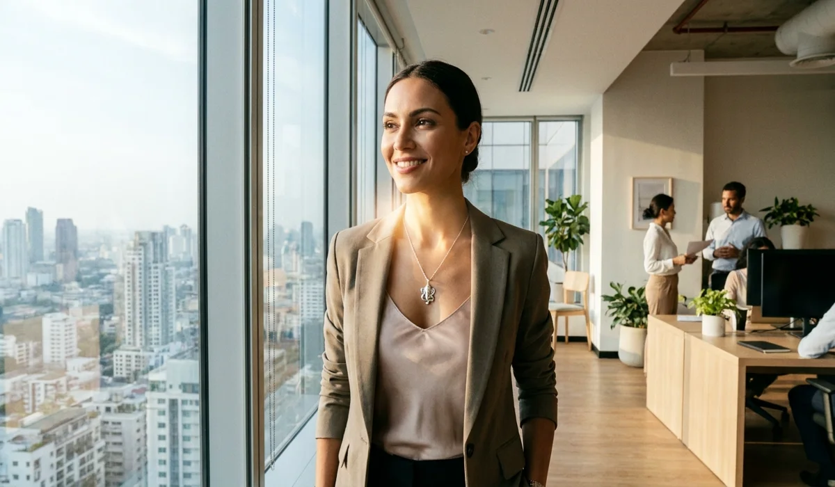 The Spiritual Benefits of Wearing a Ganesha Pendant for Success and Prosperity 1 - Buddha Bodhis A professional woman wearing a Ganesha pendant for career growth and overcoming business obstacles.