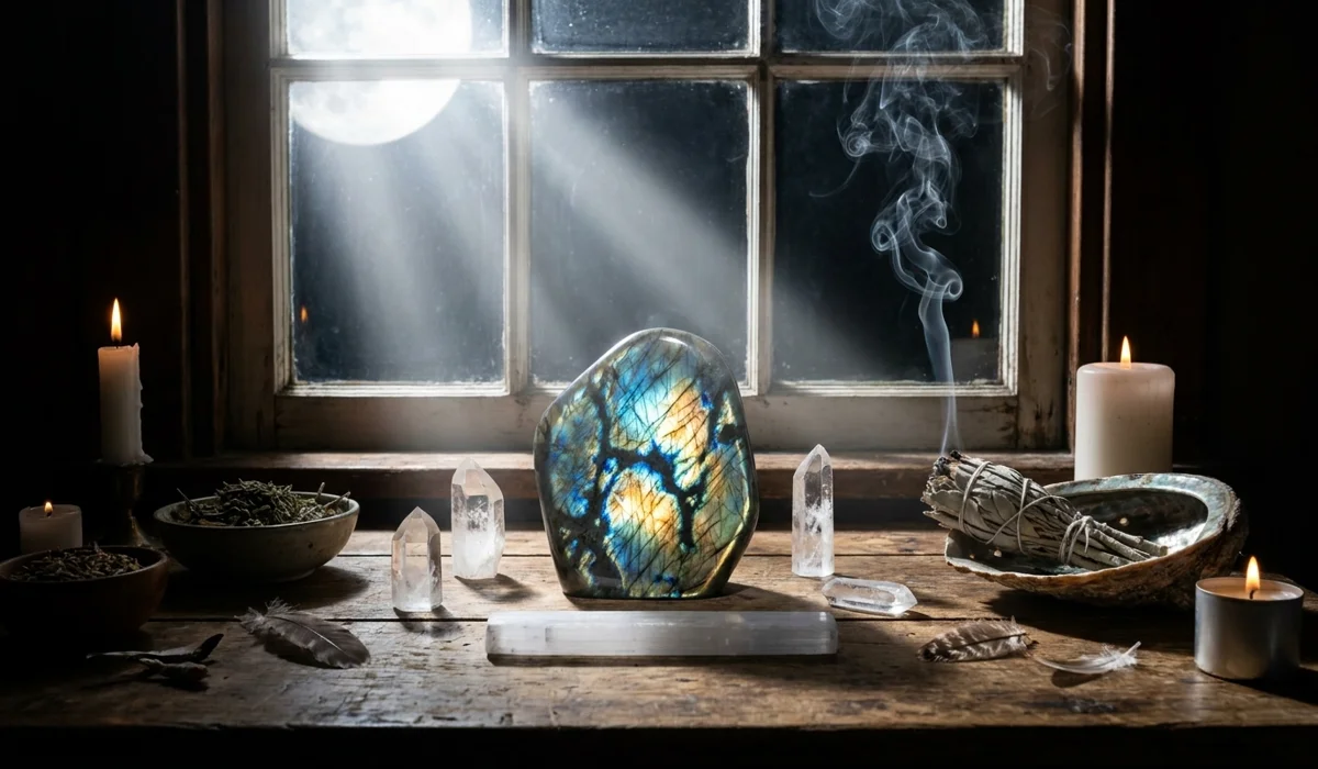 How to Use Labradorite for Aura Cleansing and Spiritual Meditation 4 - Buddha Bodhis Labradorite crystal being cleansed with sage smoke and charged under the light of a full moon.