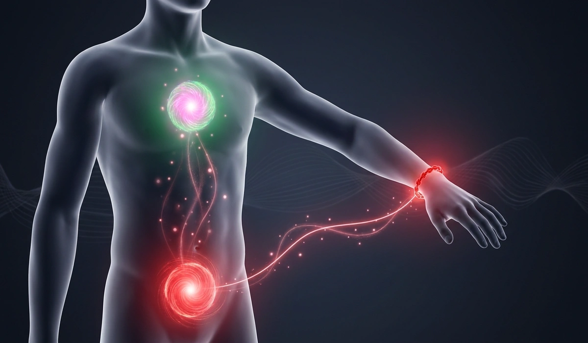 The Spiritual Significance of the Red String Bracelet: Why It Is Worn on the Receiving Hand 2 - Buddha Bodhis Diagram showing the spiritual connection between the red string bracelet on the left wrist, the Heart Chakra, and the Root Chakra.